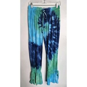 Ingear Vtg Tie Dye Pants Womens Blue Green Drawstring Boho Hippie Ruffle L/XL